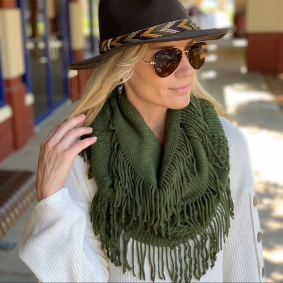 Infinity Raine Accessories - Green Cable Knit Fringe Infinity Scarf